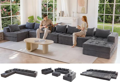 MAXYOYO Modular Sectional Sofa Couch, Foldable Oversized U Shaped Cloud Couch with Pillows, Tufted Boneless Lounger Floor Sofa Bed for Living Room, No Assembly Required, Dark Grey