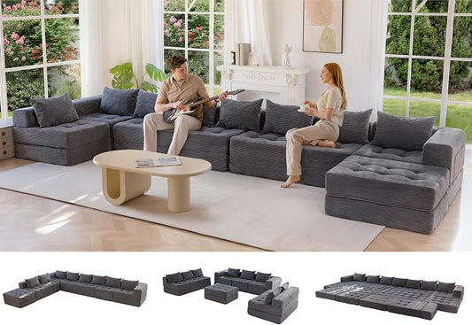 MAXYOYO Modular Sectional Sofa Couch, Foldable Oversized U Shaped Cloud Couch with Pillows, Tufted Boneless Lounger Floor Sofa Bed for Living Room, No Assembly Required, Dark Grey