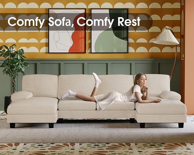 Furmax Sectional Couches for Living Room, U-Shaped Sofa Couch with Linen Fabric, 4 Seat Sofa Set with Double Chaise for Apartment (Chenille, White)