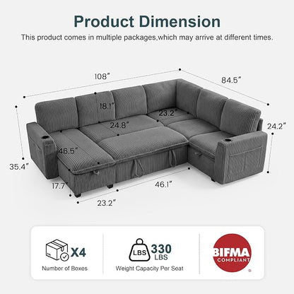 Sectional Sleeper Sofa with Pull Out Bed, Plush Corduroy 7 Seat Modular Sectional Sofa with Storage Chaise and Adjustable Backrest, Cloud Couches for Living Room, Apartment, Smoke Grey