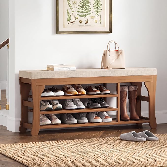 PETKABOO 39.4" Shoe Storage Bench with Cushion, 3-Tier Shoe Rack Bench with Adjustable Shelf, 400 LB Capacity, Boot Storage Compartment, Shoe Organizer for Entryway, Hallway, Bedroom, Closet