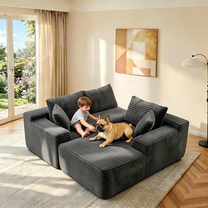 JINGLING 94" L Shape Couch with Right Chaise, Memory Foam Boneless Sectional Sofa in a Box, No Assembly Modular Small Couches for Small Spaces, Living Room, Apartments, Plush Corduroy, Dark Grey