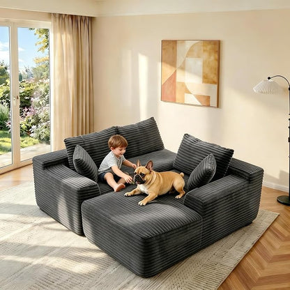 JINGLING 94" L Shape Couch with Right Chaise, Memory Foam Boneless Sectional Sofa in a Box, No Assembly Modular Small Couches for Small Spaces, Living Room, Apartments, Plush Corduroy, Dark Grey