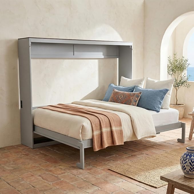 Virubi Queen Horizontal Murphy Bed with USB Charging Station,Wood Farmhouse Murphy Wall Bed Cabinet with Slats,Foldable Space-Saving for Guest Room, Home Office (Gray,Queen)