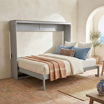 Virubi Queen Horizontal Murphy Bed with USB Charging Station,Wood Farmhouse Murphy Wall Bed Cabinet with Slats,Foldable Space-Saving for Guest Room, Home Office (Gray,Queen)