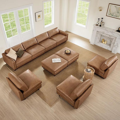 CHITA 118” Super Large Luxury Sectional Modular Sofa, Down Filled, 3 Seat Couch, Faux Leather in Camel