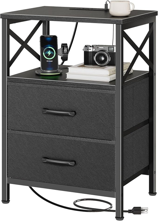 Huuger Night Stand with Charger Station, 2 Drawer Nightstand with Open Shelf, Bed Side Table with USB-C Port, End Table, Compact Size for Small Spaces, X Shaped Side Rail, Black