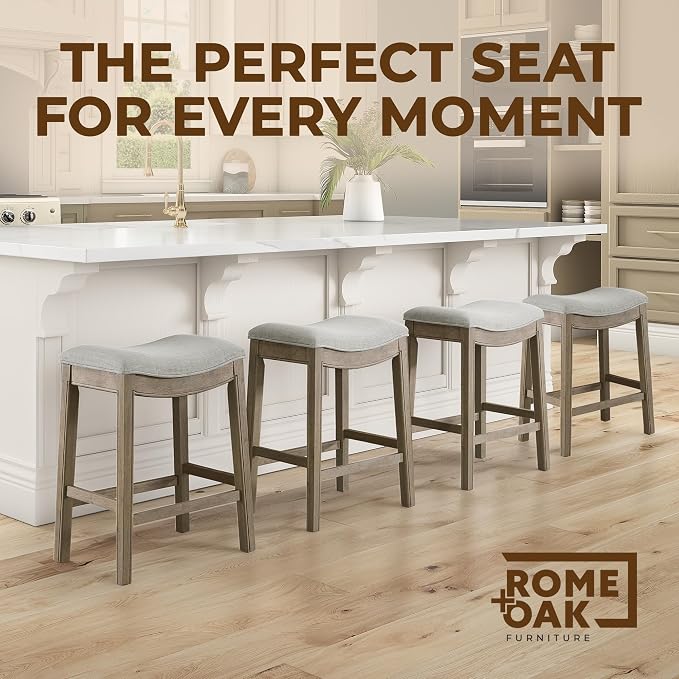 ROME + OAK Set of 4 Parker 26 Inch Counter Stool, Backless Saddle Kitchen Barstool in Reclaimed Oak Finish with Grey Fabric Upholstery Cushion Seat