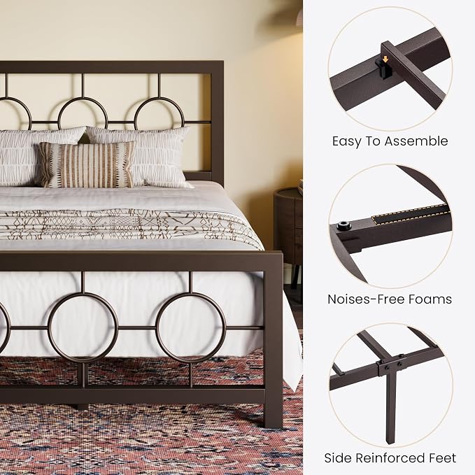 SHA CERLIN Twin Metal Bed Frame with Vintage Circular Design Headboard and Footboard, No Box Spring Required, Easy Assembly, Noise-Free,Brown