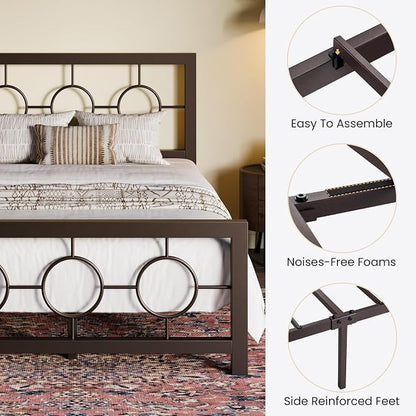 SHA CERLIN Twin Metal Bed Frame with Vintage Circular Design Headboard and Footboard, No Box Spring Required, Easy Assembly, Noise-Free,Brown