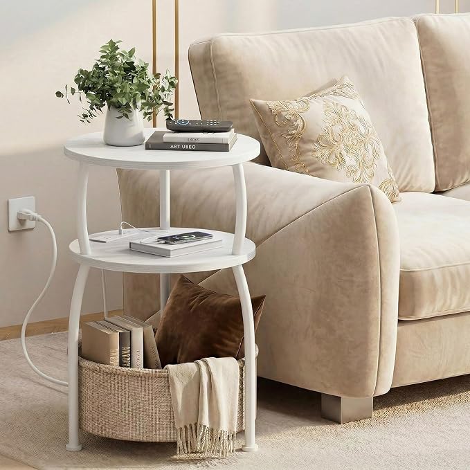 Round Side Table with Charging Station, USB Type C Port, White | Small Table with Storage Basket,Tall Side Table for Sofa,Small Spaces, Nightstand for Living Room Bedroom, 15.75in