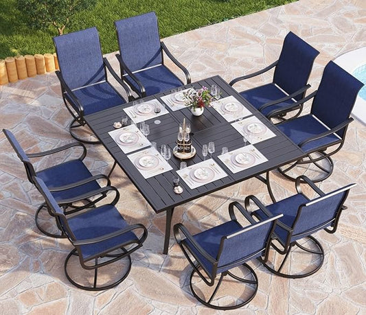 PHI VILLA Outdoor Dining Set for 8, Swivel Mesh Chairs & Square Table, Blue | Textilene chairs and large 57.5'' metal table with umbrella hole. All-weather patio furniture set designed for patio, deck