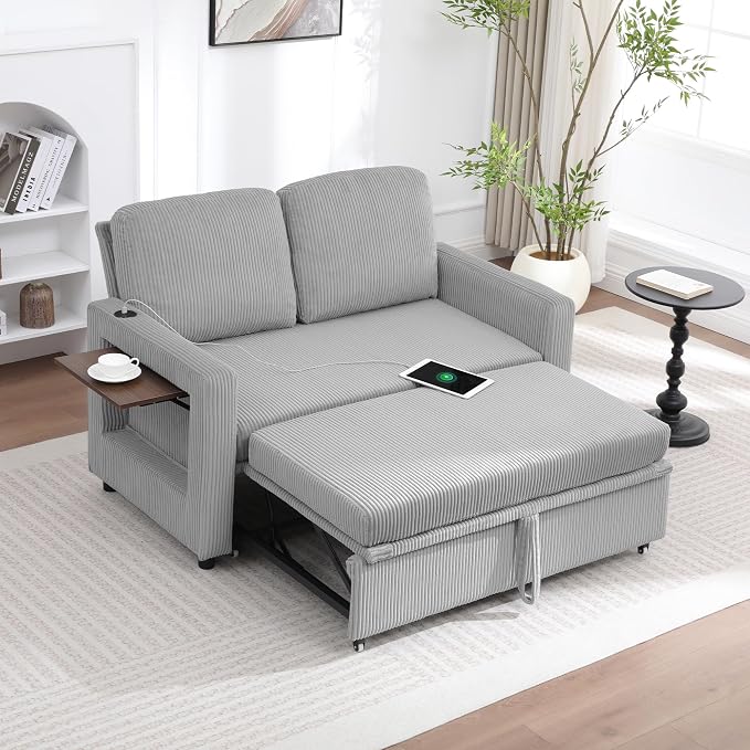 3 in 1 Folding Convertible Sleeper Sofa Bed, Pull Out Couch with Side Pockets USB Port Side Table Loveseat Sofa Bed with Adjustable Backrest for Living Room Bedroom 66" LIGHTGREY 2 SEAT