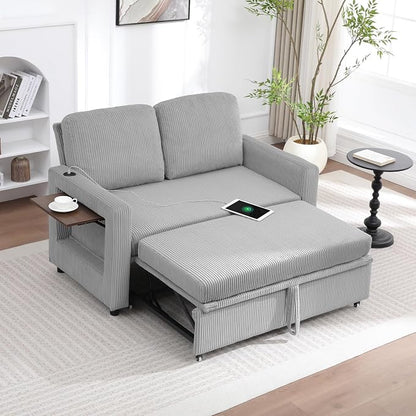 3 in 1 Folding Convertible Sleeper Sofa Bed, Pull Out Couch with Side Pockets USB Port Side Table Loveseat Sofa Bed with Adjustable Backrest for Living Room Bedroom 66" LIGHTGREY 2 SEAT