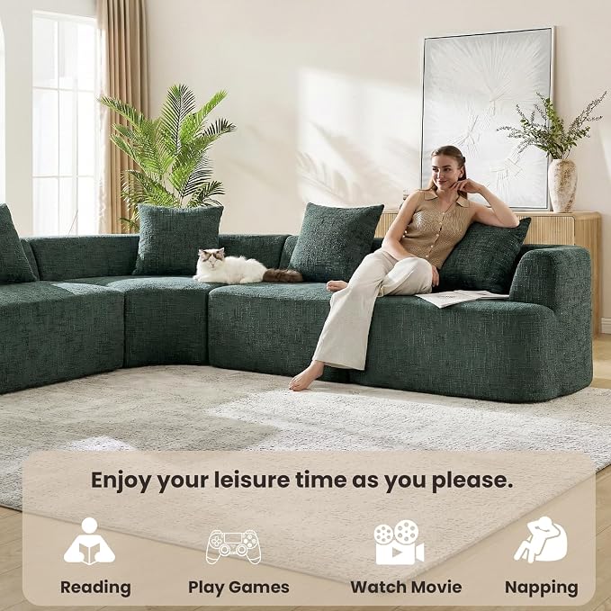 123" Curved Modular Sectional Sofa for Living Room, Oversized Chenille Cloud Couch, L-Shaped Boneless Sofa with Chaise Lounge, Compressed Couch Deep Seat, No Assembly (Green, L-Shape Left Chaise)