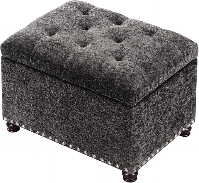Joveco Storage Ottoman Bench, Rectangle 24" Velvet Foot Rest Stool Square Footstool for Living Room, Bedroom, Charcoal Grey