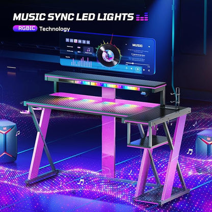 Bestier Computer Desk with Music Sync Light, Flow Vibe Corner Desk with Monitor Stand and PS5 Storage Shelves, Cup Holders, and Headset Hooks for Bedroom Small Space (Black Purple, 57 Inch)