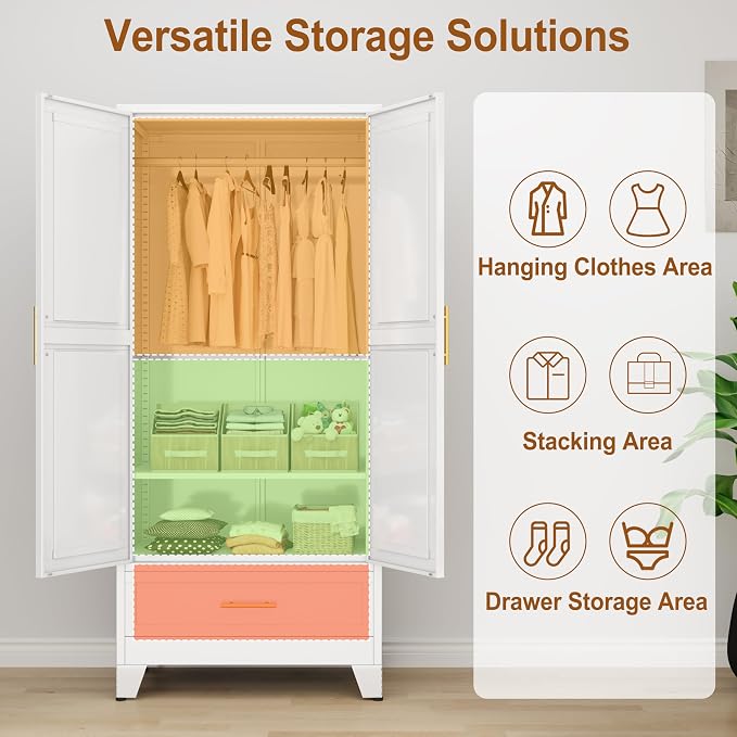 Metal Armoire Wardrobe Closet Storage Cabinet with 2 Doors White, 71'' Wardrobe Cabinet with Hanging Rod Metal Closet with Adjustable Shelf and Drawer for Bedroom, Laundry Room, Cloak Room