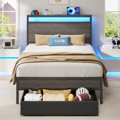 Fluest Twin Bed Frame,Twin Bed Frame with Storage Headboard & Storage Drawer, Charging Station & LED Light, No Box Spring Needed, Noise Free, Easy Assembly, Rustic Grey