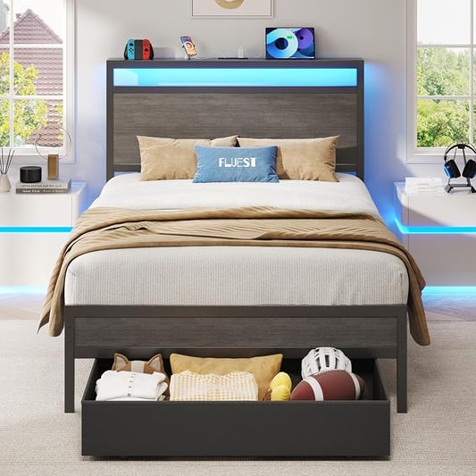Fluest Twin Bed Frame,Twin Bed Frame with Storage Headboard & Storage Drawer, Charging Station & LED Light, No Box Spring Needed, Noise Free, Easy Assembly, Rustic Grey