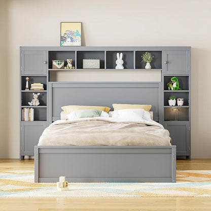 Merax Queen Size Wooden Bed with All-in-One Cabinet, Gray Platform Bed Frame with 4 Drawers, Shelf and Sockets