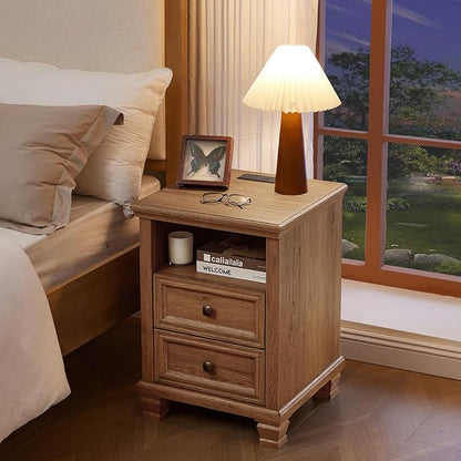 SAVOR LIFE Farmhouse Night Stand with Charging Station, Antique Bedside Table with Open Shelf & Thick Tabletop & Square Wooden Legs, Brown