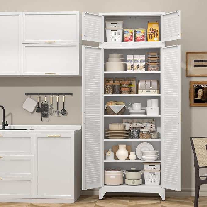 SteeLoong Kitchen Pantry Cabinet,90" Metal Storage Cabinet with Doors and 5 Adjustable Shelves,White Tall Locker Organizer Steel Garage Cabinets for Tool,File Cabinet for Office,Kitchen,Garage,School