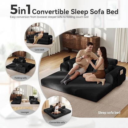 Upgrade High Backrest Design Sofa Bed with Fixed-Shape Frame & Removable Armrests and Backrest, Corduroy Fabric, Convertible Mattress Couch for Small Spaces - No Assembly Needed (Black)