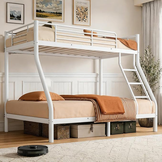 Bunk Beds Twin Over Full Size, Heavy Duty Metal Bunk Bed Frame with Angled Ladder for Teens and Adults, for Spaces-Saving, Smooth Rounded Edges, Noise Free & Easy Assembly, White