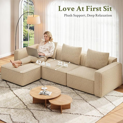 Welzona 132" Locked-in Modular Couch, Minimalist Modular Sectional Sofa, Tool-Free Setup U Shaped Couch & Ottoman, Wood Frame Sofas for Living Room, 22" Deep Seat Chenille Cloud Couch Sectional,Camel