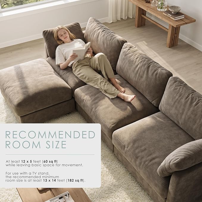 114" Cloud Couch Sectional Couches for Living Room Brown | 10" High-Resilience Cloud Cushion, 36" Movable Ottoman, Plus-Size Friendly Couch, 28" Extra Deep Seat Sofa