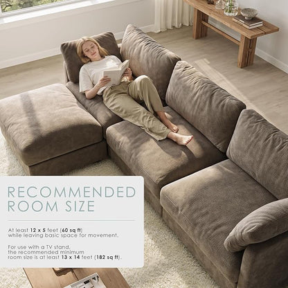 114" Cloud Couch Sectional Couches for Living Room Brown | 10" High-Resilience Cloud Cushion, 36" Movable Ottoman, Plus-Size Friendly Couch, 28" Extra Deep Seat Sofa