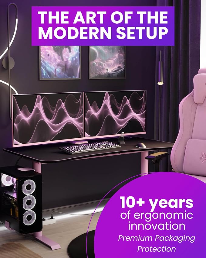 Arozzi Arena Medium Gamer Desk - 55x30” Steel Frame PC Gaming Desk with Storage for Cables & Dual-Monitor Support - Full-Surface Washable Mousepad - Pink