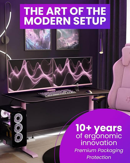 Arozzi Arena Medium Gamer Desk - 55x30” Steel Frame PC Gaming Desk with Storage for Cables & Dual-Monitor Support - Full-Surface Washable Mousepad - Pink