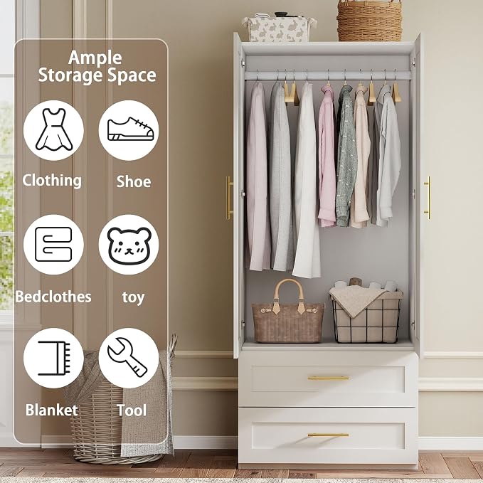 Armoire Wardrobe Closet with Drawers: 75" White Wardrobe Closet with 4 Doors and 4 Drawers, Wood Armoire Closets Cabinet for Hanging Clothes, Bedroom Armoires with Hanging Rod (63")