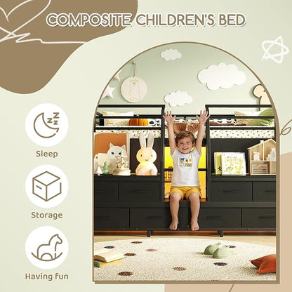 Bellemave Twin Size Low Loft Bed with 8 Fabric Storage Drawers,Metal Loft Bed Frame with Shelves and LED Lights for Boys Girls,Kids Loft Bed Twin Size,Black
