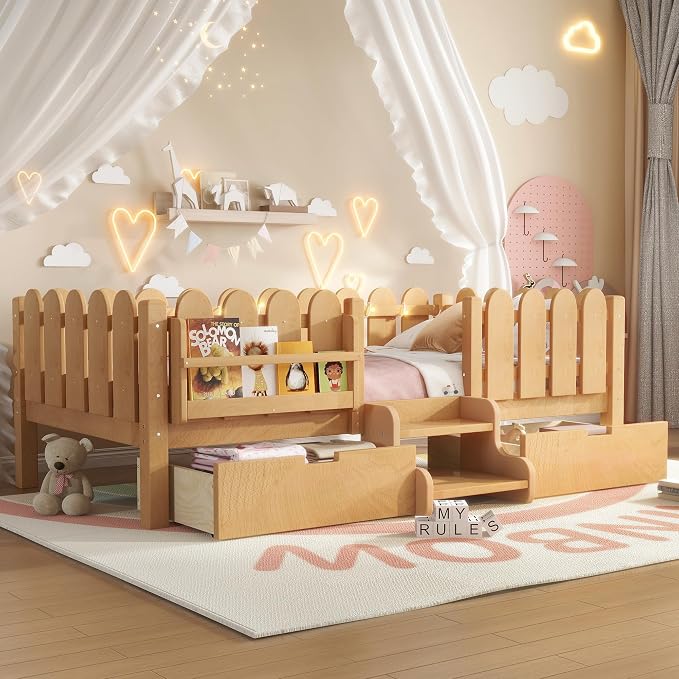 Bellemave Twin Montessori Bed with Stairs, Lights, Rails and Slats, Twin Size Montessori Floor Bed with Bookshelf and 2 Storage Drawers, Easy Assemble Beds Frame for Girls, Boys, Light Natural