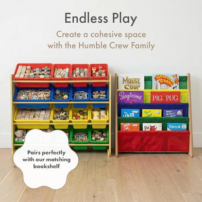 Humble Crew Toy Storage Organizer with 16 Removable Storage Bins for Kids Playroom, 4-Tier Toddler Toy Organization, Natural Wood/Primary