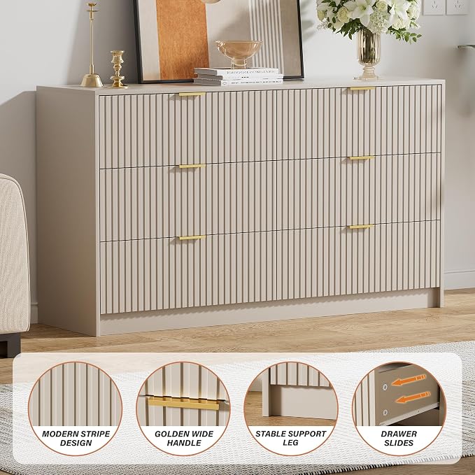 Furniway Beige Dresser for Bedroom, Modern Dresser with 6 Drawers and Smooth Slides, Wide Chest of Drawers with Golden Handles for Bedroom, Living Room, Closet, 15.7" D x 55.1" W x 31.4" H