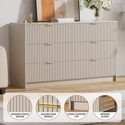 Furniway Beige Dresser for Bedroom, Modern Dresser with 6 Drawers and Smooth Slides, Wide Chest of Drawers with Golden Handles for Bedroom, Living Room, Closet, 15.7" D x 55.1" W x 31.4" H
