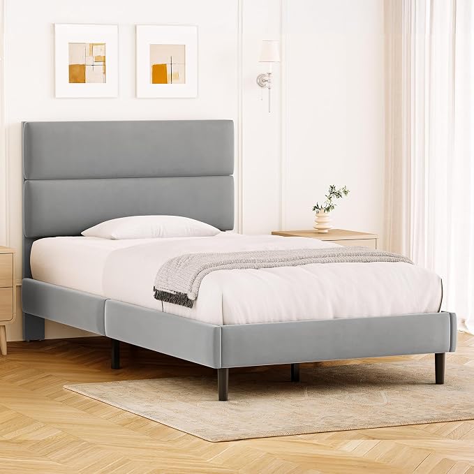 GRUSIGN Twin Size Platform Bed Frame with Velvet Headboard, Adjustable Height Wooden Slats Support, Upholstered Mattress Foundation, Fits Mattress or Mattress with Box Spring, Easy Assembly, Grey