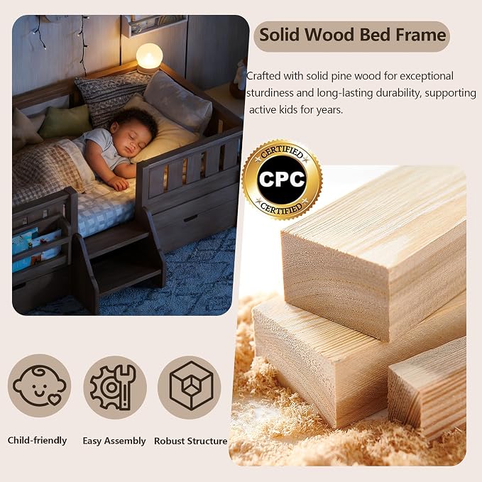 Bellemave Twin Kids Montessori Bed with Stairs, Bookshelf and Drawers, Solid Wood Kids Bed Frame with Storage for Boys Girls, Low Profile,Natural