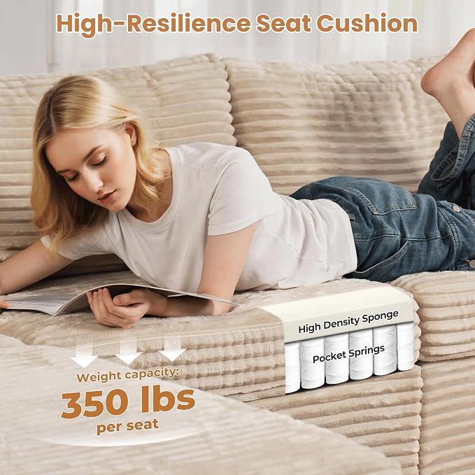 ovios Modular Sectional Sofa Couch with Sofa Bed L-Shape Chaise, Comfy Plush Corduroy Cloud Couches, Modern Luxury Deep Seat Sofas Set for Living Room, 5-Seater, Beige