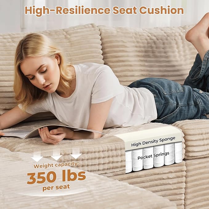 ovios Modular Sectional Sofa Couch with U-Shape Chaise Oversized, Comfy Plush Corduroy Cloud Couches, Modern Luxury Deep Seat Sofas Set for Living Room, 5-Seater, Beige