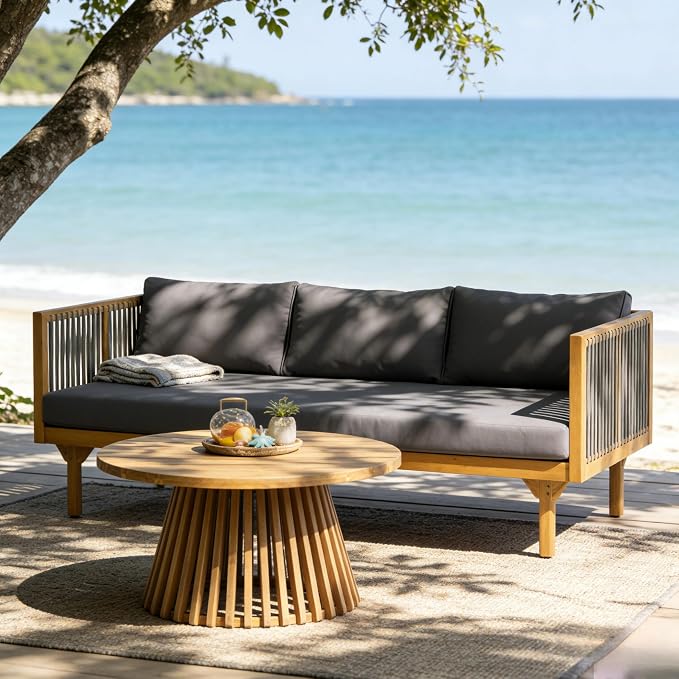 Merax Outdoor Acacia Wood Conversation Set - Patio 3-Seat Loveseat Sofa w/Coushion and Round Coffee Table for Backyard, Lawn, Balcony, Water Repellent, 600 lbs Sofa Capacity, Teak + Gray