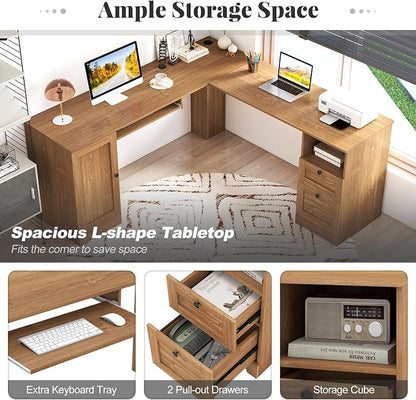 Giantex 66" L-Shaped Desk with Storage Drawers & Charging Station, Spacious Corner Computer Desk with Keyboard Tray, Adjustable Shelf, Cabinet, Huge Workspace Home Office Study Writing Desk (Natural)