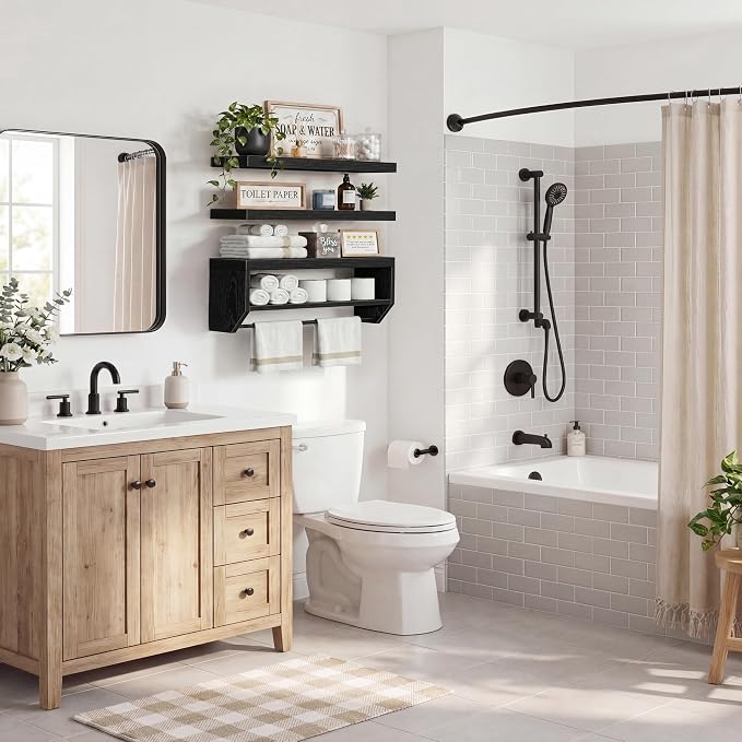 QEEIG Bathroom Floating Shelves for Wall - Shelf Over Toilet Paper Storage Farmhouse 32 inch Long Set of 3, Black (028-80B3)