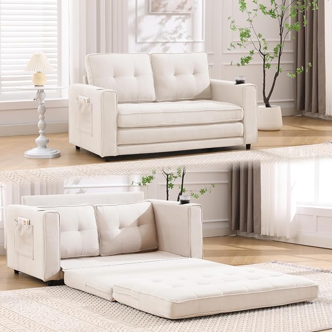 ERYE Foldable Loveseat Sofa Convertible Pull Out Sleeper Sofabed,2 Seat Tufted Upholstered Sofa Modern Convertible Sleeper Couch Bed with Cupholders and Side Pockets