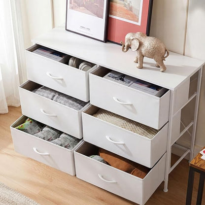 DUMOS White Bedroom Dresser for Closet, Fabric Dresser, Chest of 6 Drawers | Storage Organizer, Small Space TV Stand for Living Room, Anti-tip and Wooden Top, Home Furniture, Hallway