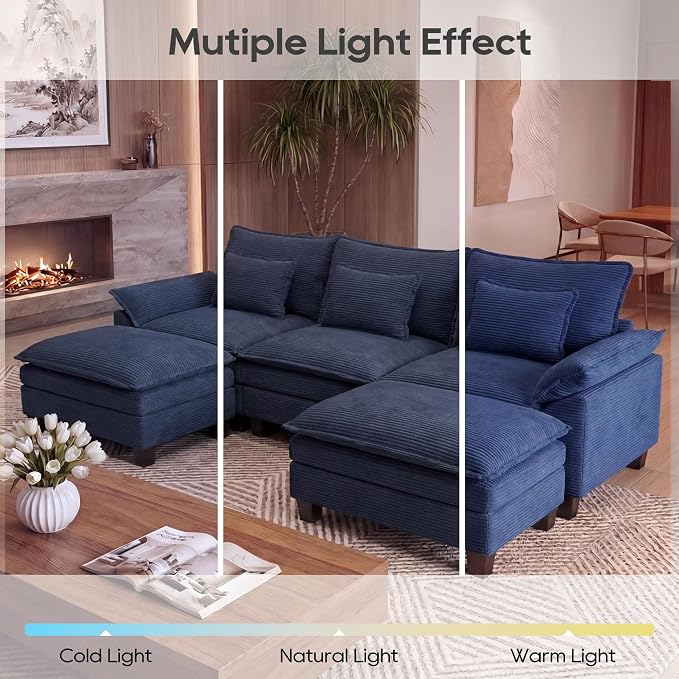 URRED Oversized Modular Sectional Sofa, 122" U Shaped Modern Comfy Cloud Couch with Movable Ottoman & Pillows, Deep Seat Couches for Living Room, Bedroom or Apartment (Corduroy Blue, 122" U Shaped)